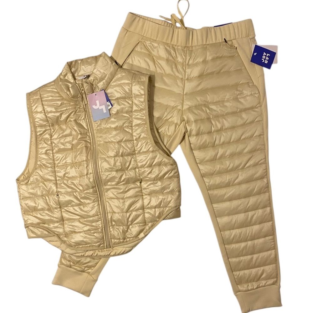 NWT JoyLab Stylish Beige Quilted Vest and Pants Set Sz. L
